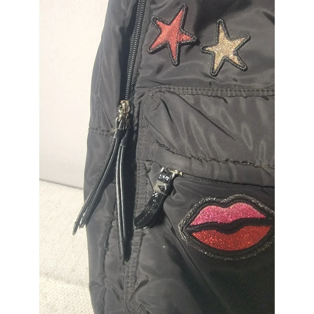 Victorias Secret Love Victoria Backpack Black Nylon Patch Gold Chain Quilted